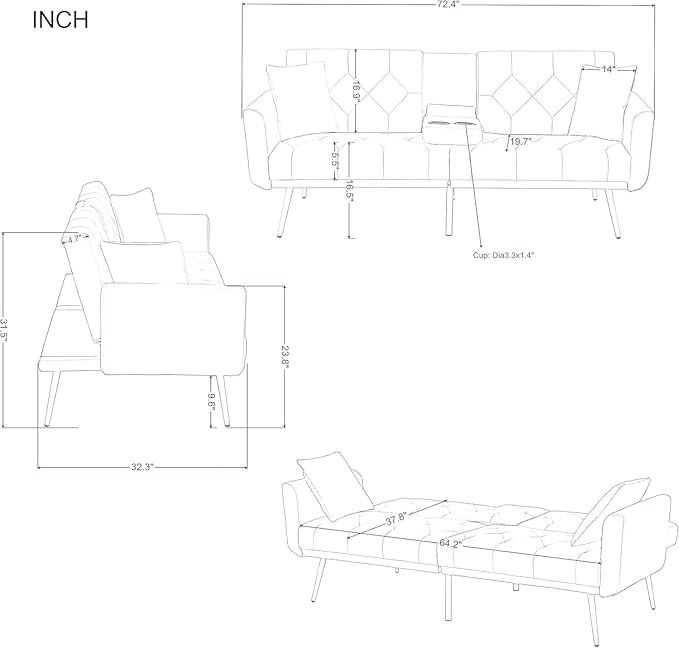 Living Room Furniture Sets 72.4" Mid-Century Modern Tufted Loveseat Sofa with Cup Holder/2 Pillows/Adjusting Backrest Small Comfy Couch for Bedroom, Apartment,Home Office, Sofá, Pink-1 - LeafyLoom