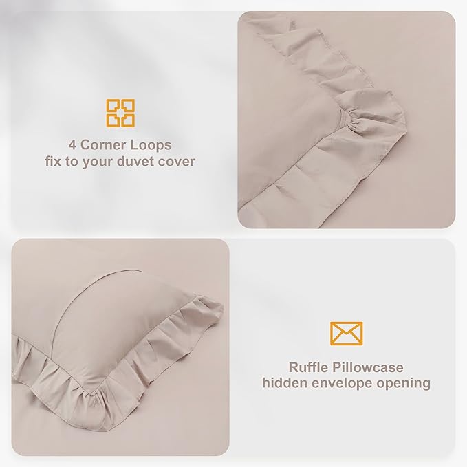 Wheat Double Ruffle Comforter Set Queen Size (90x90 Inch), 3 Pcs Farmhouse Vintage Comforter Set (1 Ruffled Comforter and 2 Pillowcase), Rustic All Season Down Alternative Bedding Set - LeafyLoom