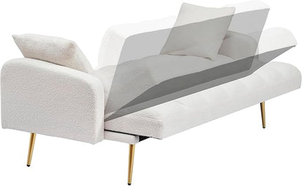 Fabric Teddy Fleece Folding Futon Sofa Bed w/Adjustable Backrests, 2 Seater Tufted Convertible Lounge Couch Recliner Loveseat with Metal Golden Legs for Living Room, Office,Bedroom, Beige 69" - LeafyLoom