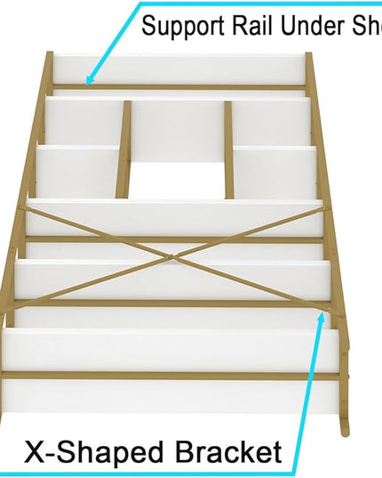 LVB Gold Book Shelf Organizer, Large Tall 6 Tier Bookshelves Storage, Big Modern Metal Wooden 6 Shelf Bookcase, Farmhouse Open Display Vertical Bookshelf for Bedroom Living Room Office, White and Gold - LeafyLoom