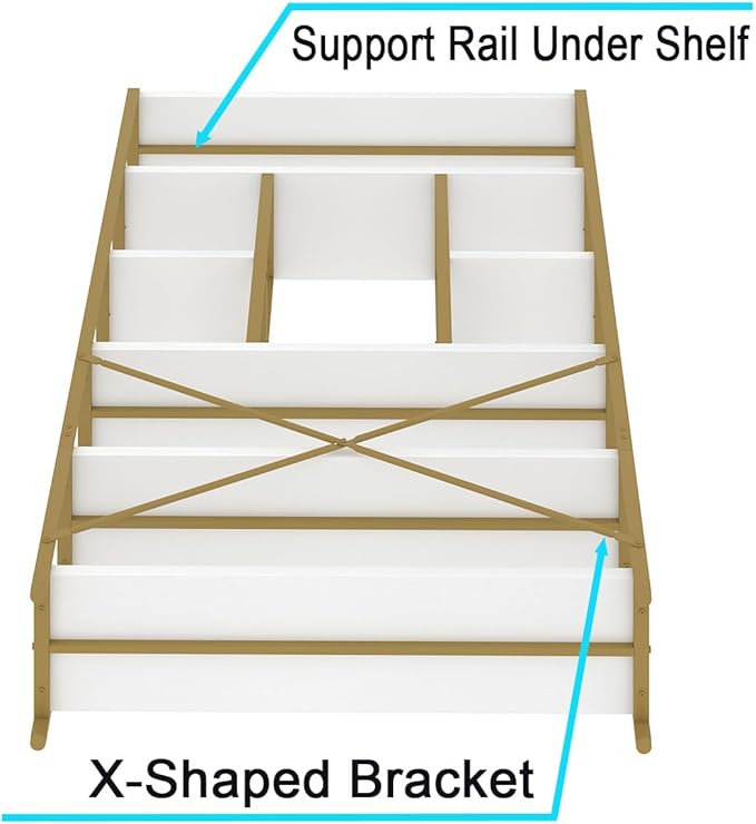 LVB Gold Book Shelf Organizer, Large Tall 6 Tier Bookshelves Storage, Big Modern Metal Wooden 6 Shelf Bookcase, Farmhouse Open Display Vertical Bookshelf for Bedroom Living Room Office, White and Gold - LeafyLoom