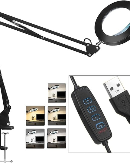 5X Magnifying Glass with Light and Stand, Real Glass Desk Lamp & Clamp, Craft Light Lamp with 3 Color Modes, LED Lighted Magnifier with Light for Hobby Reading Crafts Repair Close Works(Black) - LeafyLoom