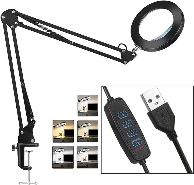 5X Magnifying Glass with Light and Stand, Real Glass Desk Lamp & Clamp, Craft Light Lamp with 3 Color Modes, LED Lighted Magnifier with Light for Hobby Reading Crafts Repair Close Works(Black) - LeafyLoom