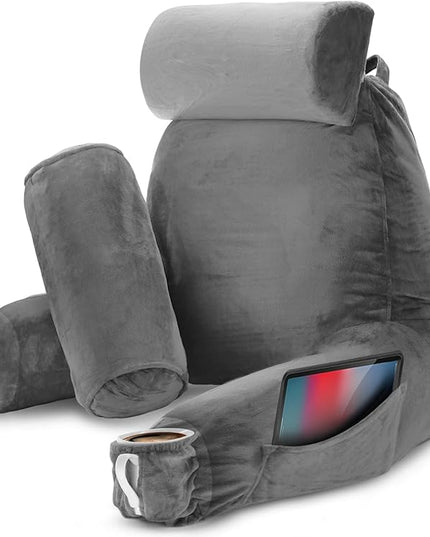 Nestl Reading Pillow with Portable Laptop Lap Desk, Velvet Feel Back Pillow for Sitting in Bed, Shredded Memory Foam Back Support Pillow for Bed, Bed Rest Pillow with Arms, Large - Gray - LeafyLoom