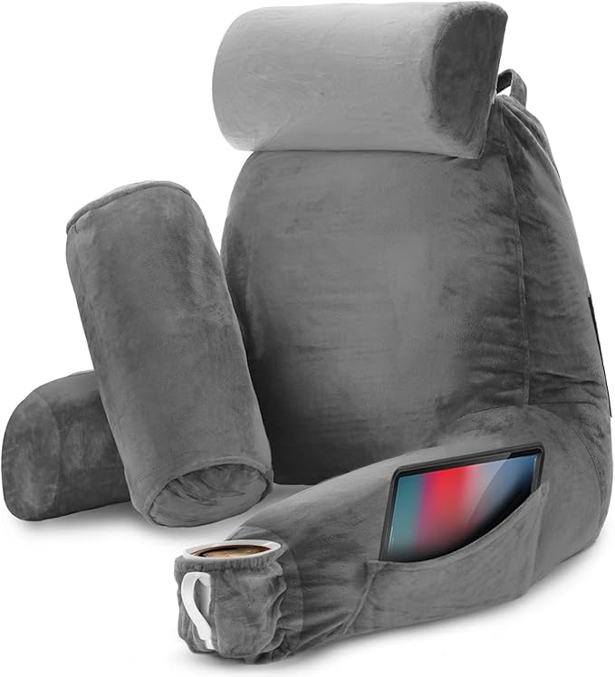 Nestl Reading Pillow with Portable Laptop Lap Desk, Velvet Feel Back Pillow for Sitting in Bed, Shredded Memory Foam Back Support Pillow for Bed, Bed Rest Pillow with Arms, Large - Gray - LeafyLoom