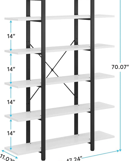 Tribesigns 5-Tier Bookshelf, Vintage Industrial Style Bookcase 72 H x 12 W x 47L Inches, White - LeafyLoom