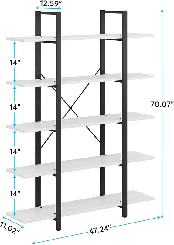 Tribesigns 5-Tier Bookshelf, Vintage Industrial Style Bookcase 72 H x 12 W x 47L Inches, White - LeafyLoom