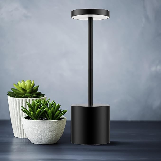 LED Cordless Table Lamp,Rechargeable Battery Operated Lamp,Metal Stepless Dimmable Portable Indoor and Outdoor Night Light,for Home Office/Living Room/Restaurant/Study/Farmhouse.(Black) - LeafyLoom