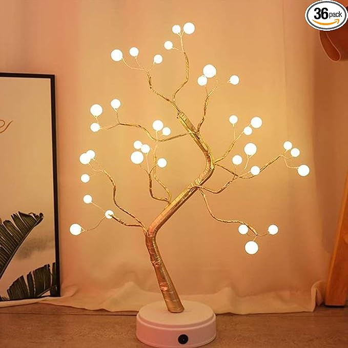 MYSNKU DIY Led Desk Tree Lamp, Desk Table Decor 36 Pearl LED Lights for Home,Bedroom, Indoor,Wedding Party,Decoration Touch Switch Battery Powered or USB Adapter (Nordic) - LeafyLoom