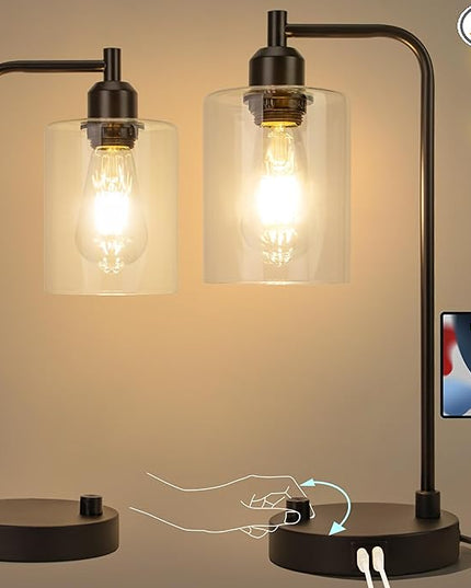 Yarra-Decor Industrial Bedside Table Lamp Set of 2 Fully Dimmable Lamps for Bedroom Modern USB Nightstand Lamp Set with Glass Shade Reading Table Lamps for Dorm, Office (LED Bulb Included) - LeafyLoom
