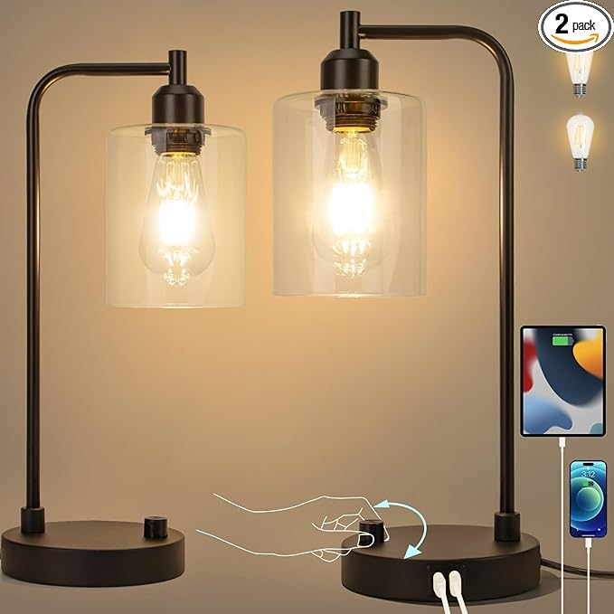 Yarra-Decor Industrial Bedside Table Lamp Set of 2 Fully Dimmable Lamps for Bedroom Modern USB Nightstand Lamp Set with Glass Shade Reading Table Lamps for Dorm, Office (LED Bulb Included) - LeafyLoom