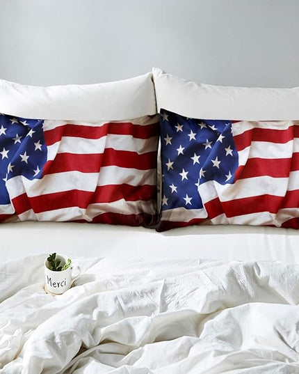 Erosebridal American Flag Comforter Set, United States Down Comforter Queen Size for Kids Boys Teens, USA Federations Stars Bedding Set Geometric Stripes Quilted Duvet for Bedroom, Blue White and Red - LeafyLoom