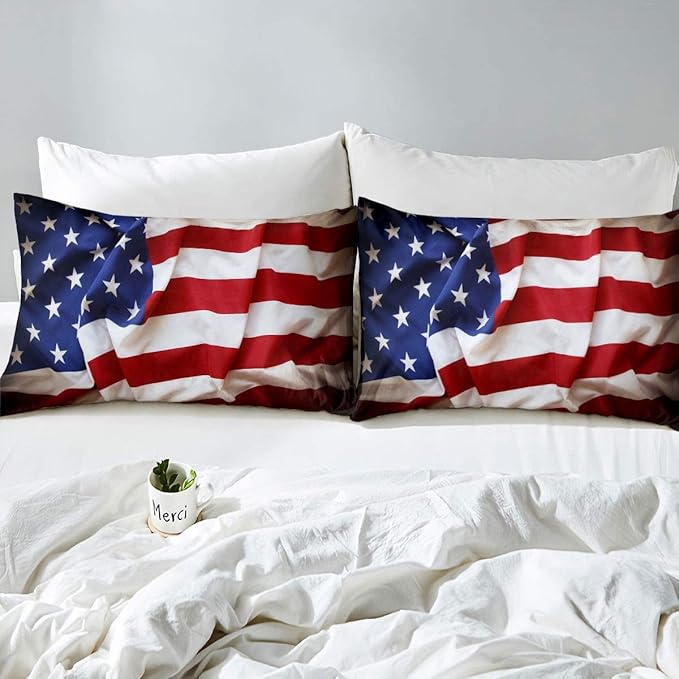 Erosebridal American Flag Comforter Set, United States Down Comforter Twin Size for Kids Boys Teens, USA Federations Stars Bedding Set Geometric Stripes Quilted Duvet for Bedroom, Blue White and Red - LeafyLoom