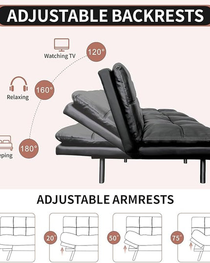 MUUEGM Futon Sofa Bed Convertible Memory Foam Sleeper Couch,Modern Faux Leather Loveseat for Living Room,Small Compact Space,Dorm,Office,Adjustable Armrests Backrest Sofabed, Matte Black - LeafyLoom