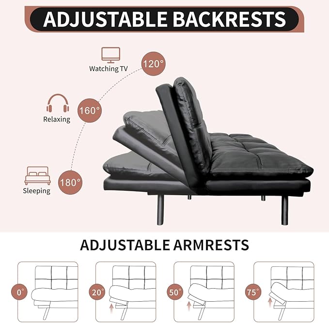 MUUEGM Futon Sofa Bed Convertible Memory Foam Sleeper Couch,Modern Faux Leather Loveseat for Living Room,Small Compact Space,Dorm,Office,Adjustable Armrests Backrest Sofabed, Matte Black - LeafyLoom