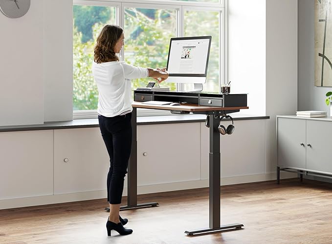 FEZIBO 48 x 24 Inch Height Adjustable Glass Electric Standing Desk with Double Drawer, Stand Up Desk with Storage Shelf, Sit Stand Desk, Black Walnut - LeafyLoom