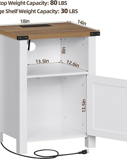Nightstand with Charger Station and USB Port, 18 Inch Farmhouse Night Stand with Storage Shelf, Modern Couch Side Table with Magnetic Door, Bedside Tables for Bedroom, Home, Antique White - LeafyLoom