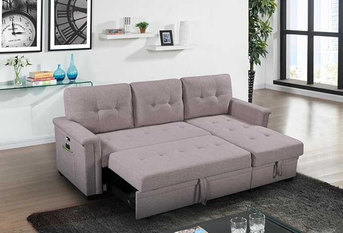 84Inch Sofa with USB Charging Ports and Pocket,Solid Wood Frame Dsign, Linen Reversible w/Storage Chaise and Pull-Out Sleeper for Home, Small Space Apartment, 84 Inch, Light Gray - LeafyLoom
