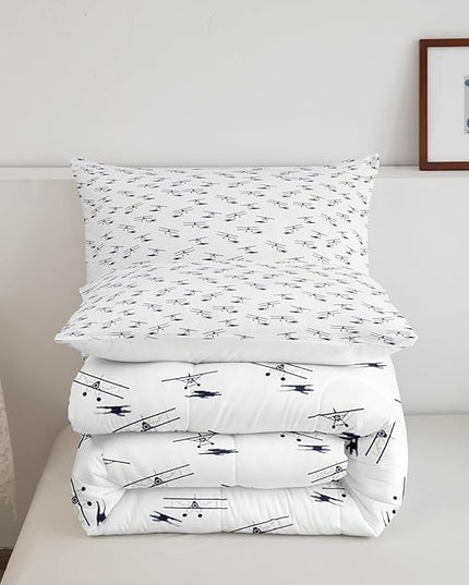Airplane Bedding Set Full Size Flight Comforter Set for Kids Boys Girls Decor Vintage Aircraft Comforter Helicopter Flying Plane Blue and White Duvet Set Bedroom Quilt Set - LeafyLoom
