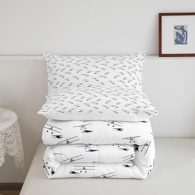 Feelyou Airplane Bedding Set Queen Size Flight Comforter Set for Kids Boys Girls Decor Vintage Aircraft Comforter Helicopter Flying Plane Blue and White Duvet Set Bedroom Quilt Set - LeafyLoom