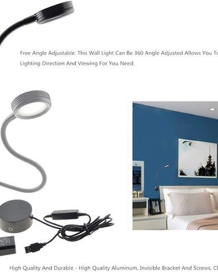 2 Pack Wall Mounted Dimmable Reading Gooseneck LED Light Bedside Headboard, Surface Mount Lamp 360degree flexible neck 3 colors 10 Level Brightness (Wall Mounted) - LeafyLoom