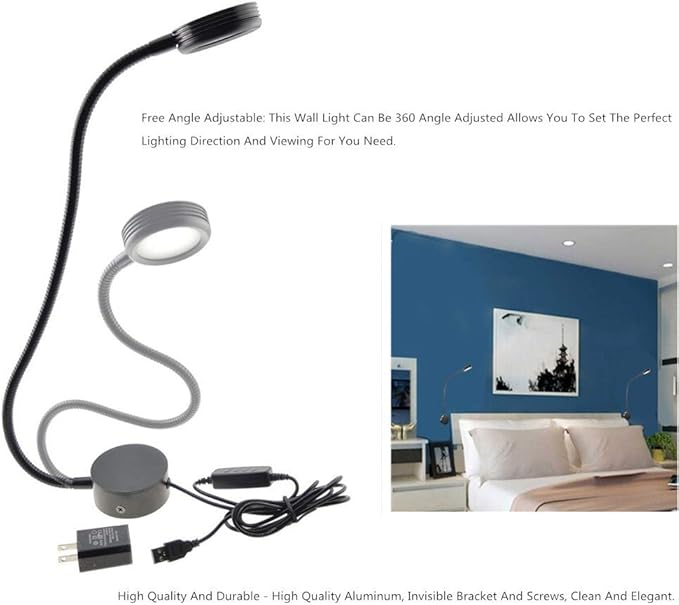 2 Pack Wall Mounted Dimmable Reading Gooseneck LED Light Bedside Headboard, Surface Mount Lamp 360degree flexible neck 3 colors 10 Level Brightness (Wall Mounted) - LeafyLoom