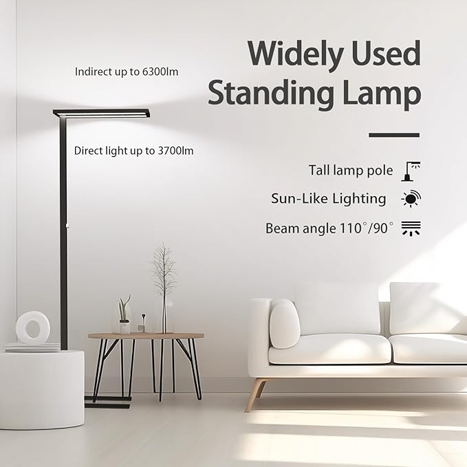 STERREN Eye-Care Led Floor Lamp,76'' Tall Office Floor Lamp, 80W Black Modern Free-Standing Lamp,10000LM Bright Reading Lamp for Study Room,Living Room,Meeting Room,4000K - LeafyLoom