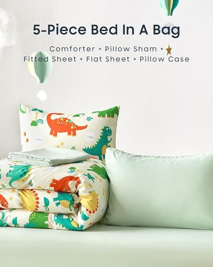 Wake In Cloud - Dinosaur Bedding Set for Boys, Cute Colorful Dinosaur Comforter Set with Sheets, 5 Pieces Kids Bed in a Bag, Cream Green, Twin Size - LeafyLoom