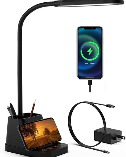 AXX LED Desk Lamp for Home Office, Small Desk Light for Bedrooms, Black Office Lamp for Small Spaces, USB Charging Port, 650LM, Gooseneck, Pen Holder, Study Lamps for College Dorm Room - LeafyLoom