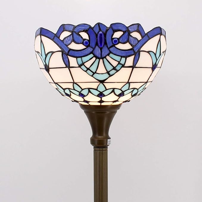 WERFACTORY Tiffany Floor Lamp Navy Blue Baroque Stained Glass Light 12X12X66 Inches Pole Torchiere Standing Corner Torch Uplight Decor Bedroom Living Room Home Office S003B Series - LeafyLoom