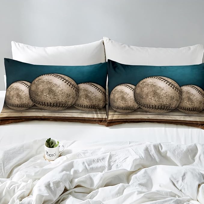 Erosebridal Teens Baseball Comforter Set Twin,Kids Retro Grunge Baseball Bedding Set for Boys Bedroom,Sports Games Bedding Comforter Set Teal Vintage Wooden Board Quilt Duvet Sets 1 Pillow Case - LeafyLoom