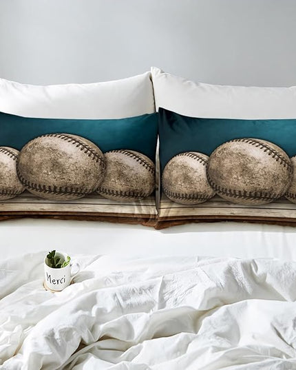 Erosebridal Teens Baseball Comforter Set Full,Kids Retro Grunge Baseball Bedding Set for Boys Bedroom,Sports Games Bedding Comforter Set Teal Vintage Wooden Board Quilt Duvet Sets 2 Pillow Cases - LeafyLoom