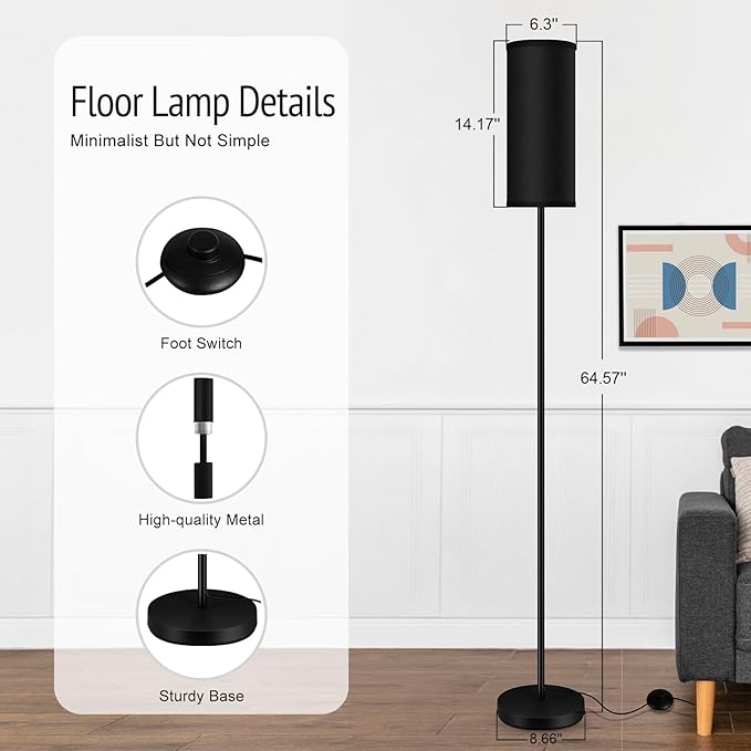 BoostArea Floor Lamps for Living Room, Dimmable floor lamp with 3 Color Temperatures Bulb, Black LED Floor Lamp, Modern Standing Lamp for Bedroom/Office/Study/Farmhouse(9W LED Bulb, Black Linen Shade) - LeafyLoom