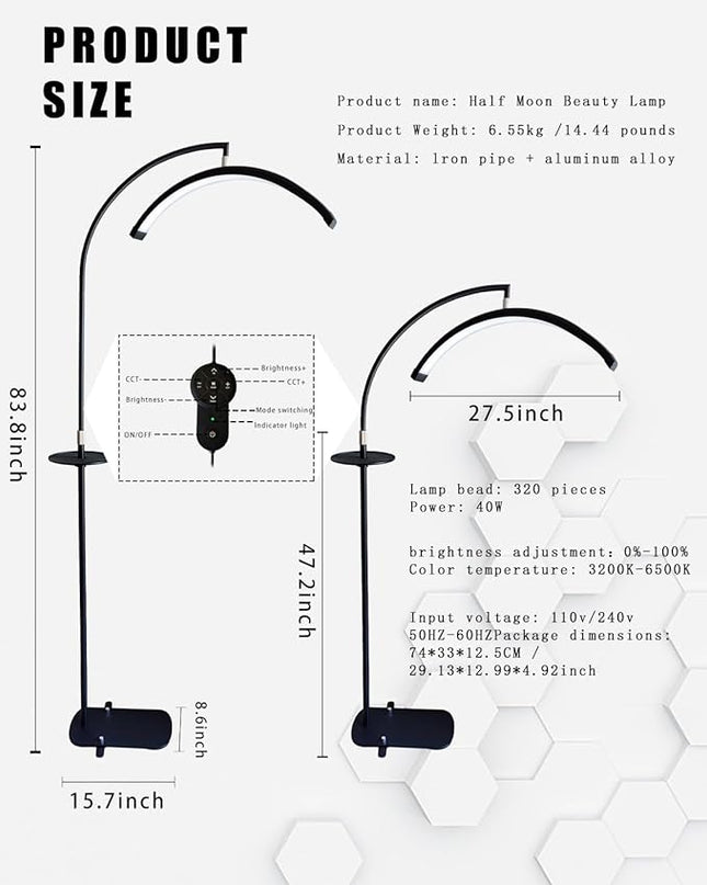 Flyhare Lash Light Led Floor Lamp for Eyelash Extensions - Half Moon Lash Tech Light with Storage Tray - Adjustable Brightness & Height - Ideal for Tattoo Artists Nail Lash Tech - LeafyLoom