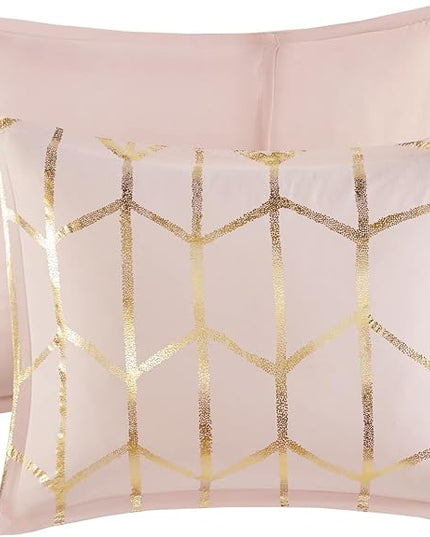 Intelligent Design Raina Comforter Microfiber Metallic Print Geometric Design Embroidered Toss Pillow Modern Trendy Casual All Season Bedding Set Matching Sham, Full/Queen, Blush/Gold 5 Piece - LeafyLoom