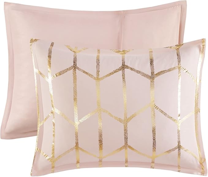 Intelligent Design Raina Comforter Microfiber Metallic Print Geometric Design Embroidered Toss Pillow Modern Trendy Casual All Season Bedding Set Matching Sham, Full/Queen, Blush/Gold 5 Piece - LeafyLoom