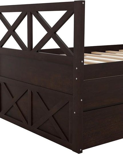 Twin Daybed with Storage Drawers and Trundle Bed, Wood Twin Size Captain’s Bed Frame for Bedroom Living Room Guest Room, Espresso - LeafyLoom