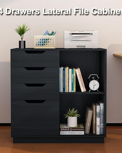 4 Drawers Lateral File Cabinet, Wood Filing Cabinet, Printer Stand with Open Storage Shelves for Home Office, 6 Compartments, Black - LeafyLoom