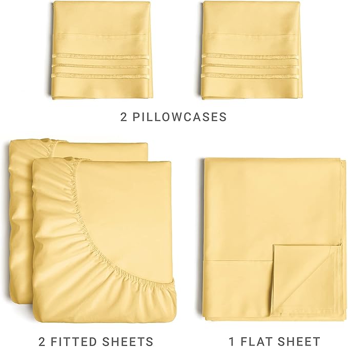 Split King Size 5 Piece Sheet Set - Comfy Breathable & Cooling Sheets - Hotel Luxury Bed Sheets for Women & Men - Deep Pockets, Easy-Fit, Soft & Wrinkle Free Sheets - Yellow Oeko-Tex Bed Sheet Set - LeafyLoom