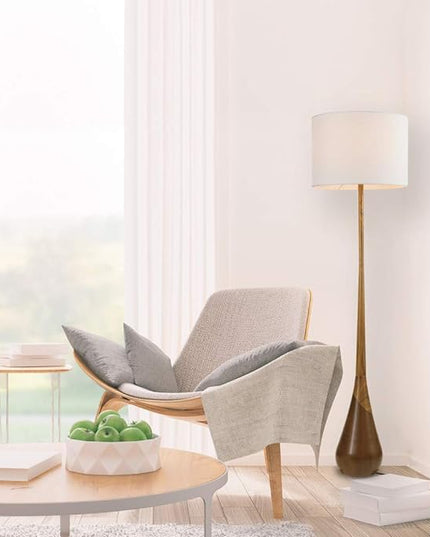 Globe Electric Novogratz x 67225 65" Floor Lamp, 2-Tone Wood Toned Base, White Fabric Shade, Socket Rotary Switch, Living Room Décor, Reading Light, Home Essentials, Bedroom, Office Accessories - LeafyLoom