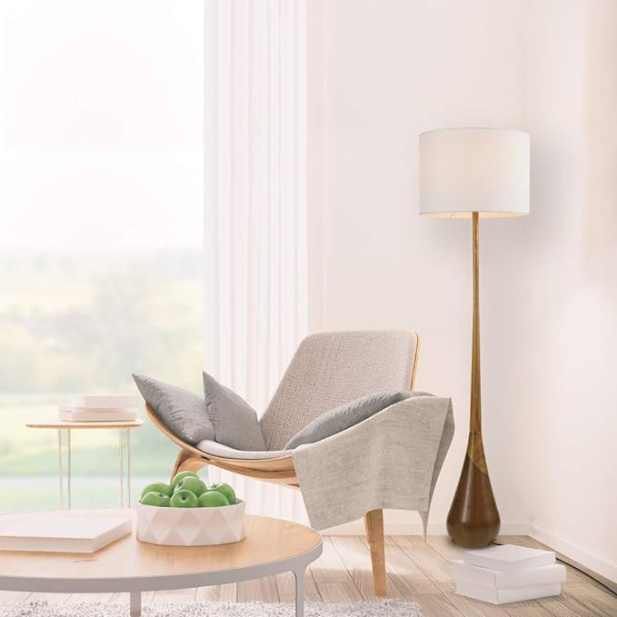 Globe Electric Novogratz x 67225 65" Floor Lamp, 2-Tone Wood Toned Base, White Fabric Shade, Socket Rotary Switch, Living Room Décor, Reading Light, Home Essentials, Bedroom, Office Accessories - LeafyLoom