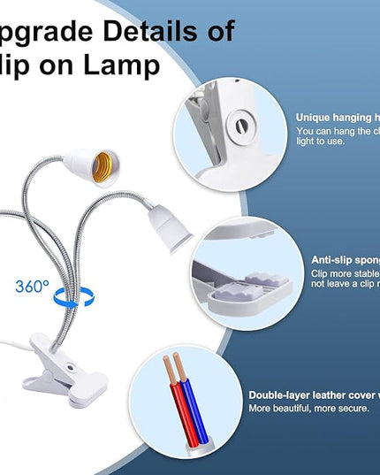 Clip Lamp Holder,Flexible Aluminum Neck Clamp Lights,360°Adjustable Clamp Light Socket,E26/E27 Clamp Light Fixture with 220CM Switch and Plug Cable,Clip Desk Lamp Holder for Study Work Reading,No Bulb - LeafyLoom