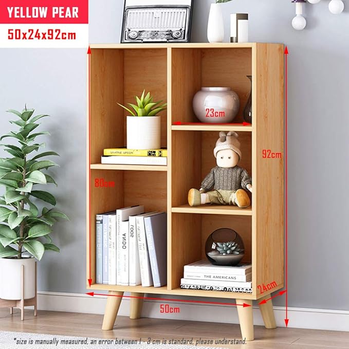 IOTXY Wooden Open Shelf Bookcase - 3-Tier Floor Standing Display Cabinet Rack with Legs, 5 Cubes Bookshelf, Pear Yellow - LeafyLoom