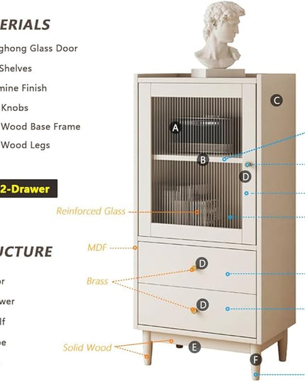 Wooden Glass Door Bookcase - 2-Tier Cube Bookshelf Storage Cabinet with Double Drawer and Adjustable Shelf, Solid Wood Legs Cupboard in Warm White - LeafyLoom