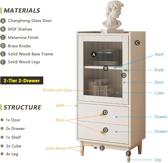 Wooden Glass Door Bookcase - 2-Tier Cube Bookshelf Storage Cabinet with Double Drawer and Adjustable Shelf, Solid Wood Legs Cupboard in Warm White - LeafyLoom