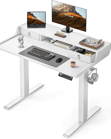 ErGear Electric Standing Desk with Drawers, 40″ x 24″ Gaming Desk with Monitor Stand, C-Clamp Mount Compatible, Home Office Height-Adjustable Desk with Storage Shelf, 4 Preset Heights, White, EGESD35W - LeafyLoom