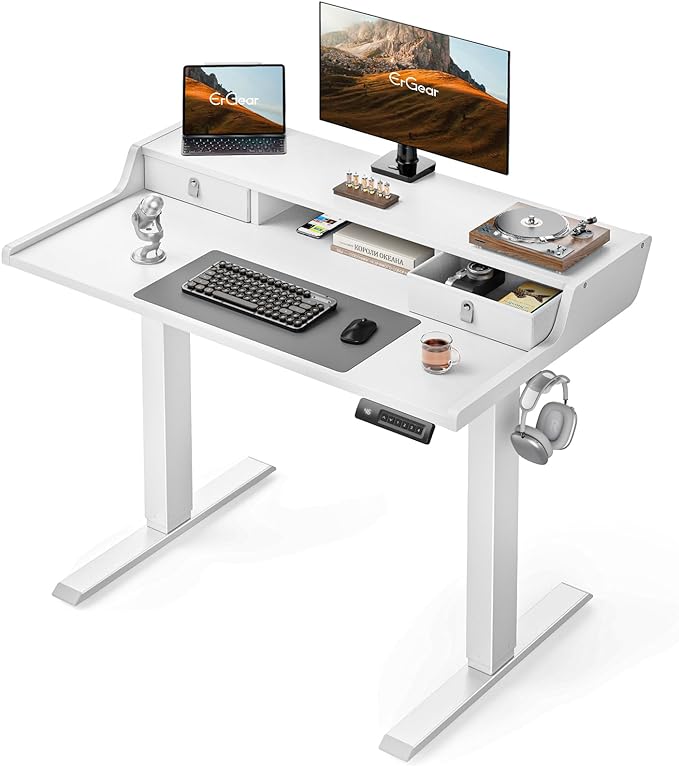 ErGear Electric Standing Desk with Drawers, 40″ x 24″ Gaming Desk with Monitor Stand, C-Clamp Mount Compatible, Home Office Height-Adjustable Desk with Storage Shelf, 4 Preset Heights, White, EGESD35W - LeafyLoom