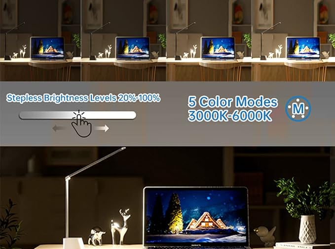 Ambertronix Rechargeable Cordless LED Desk Lamp, 5 Brightness & 5 Lighting Modes, USB Charging Port, Aluminum Arms, Portable, Dimmable, Touch Control, Auto Timer (White) - LeafyLoom