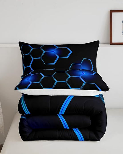 Honeycomb Kids Comforter Set Modern Geometry Hexagon Bedding Set for Boys Teens Decor Geometrical Comforter Beehive Geometric Black Blue Duvet Set King Size with 3 Pillow Case Boys - LeafyLoom