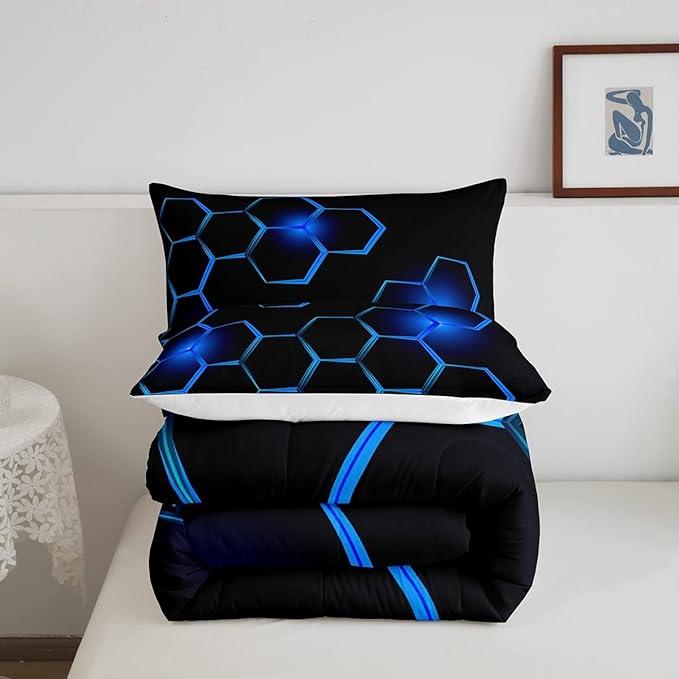 Honeycomb Kids Comforter Set Modern Geometry Hexagon Bedding Set for Boys Teens Decor Geometrical Comforter Beehive Geometric Black Blue Duvet Set King Size with 3 Pillow Case Boys - LeafyLoom